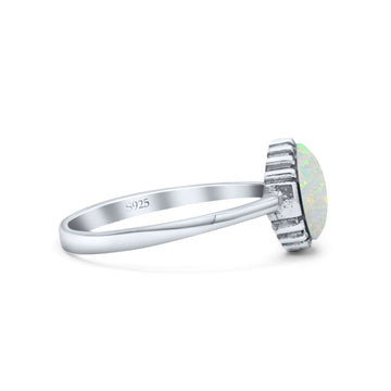 Petite Dainty Oxidized Thumb Ring Round Lab Created White Opal Solid 925 Sterling Silver